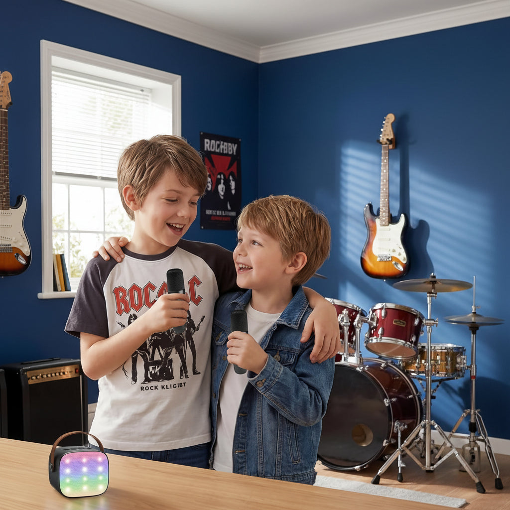 Portable Karaoke Machine with 2 Wireless Microphones, LED Lights & Voice Effects