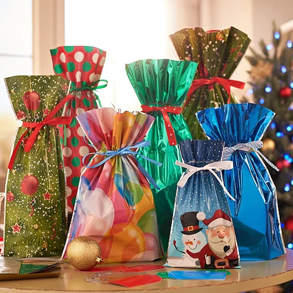 Drawstring Christmas Gift Bags 15 Sets Reusable Laminated Polypropylene Gift Wrap Bags with Tags