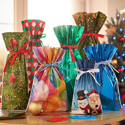 Drawstring Christmas Gift Bags 15 Sets Reusable Laminated Polypropylene Gift Wrap Bags with Tags