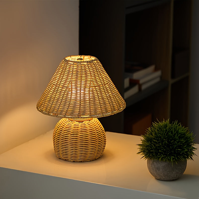 Bamboo Woven Desk Lamp with USB-Powered Ambient Glow, Handwoven Boho Rustic Style