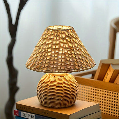 Bamboo Woven Desk Lamp with USB-Powered Ambient Glow, Handwoven Boho Rustic Style