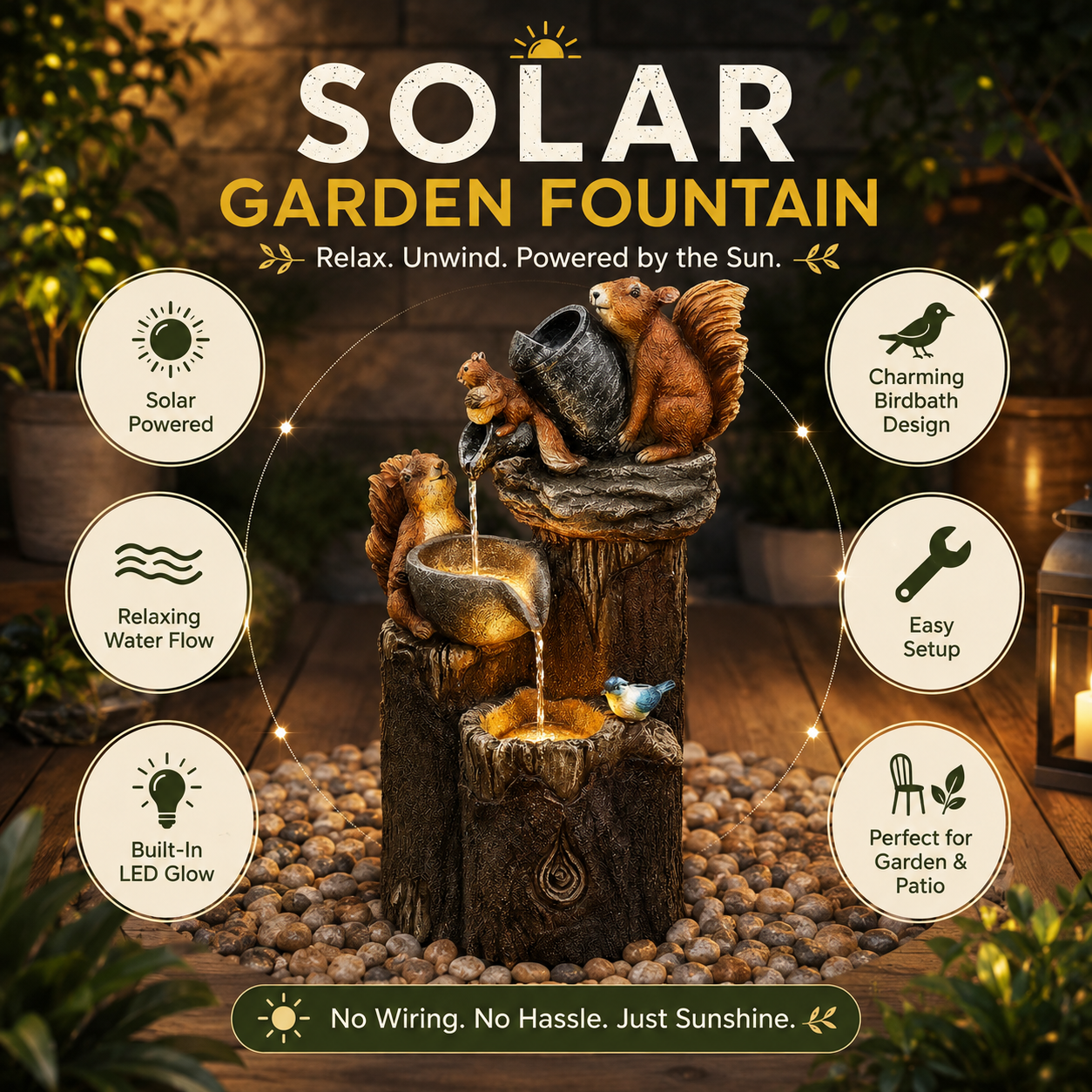 Solar Garden Birdbath Fountain, Self-Contained Weather-Resistant Water Feature for Yard