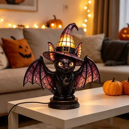 Bat Wing Black Cat Stained Glass Witch Hat Lamp, Gothic Halloween Accent Lamp with Bronze Base