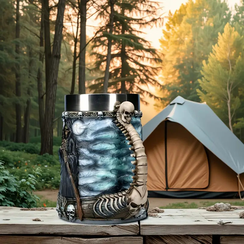 Grim Reaper Skull Mug, Gothic Resin Mug with Spine Handle and Stainless Steel Lining, 600 ml