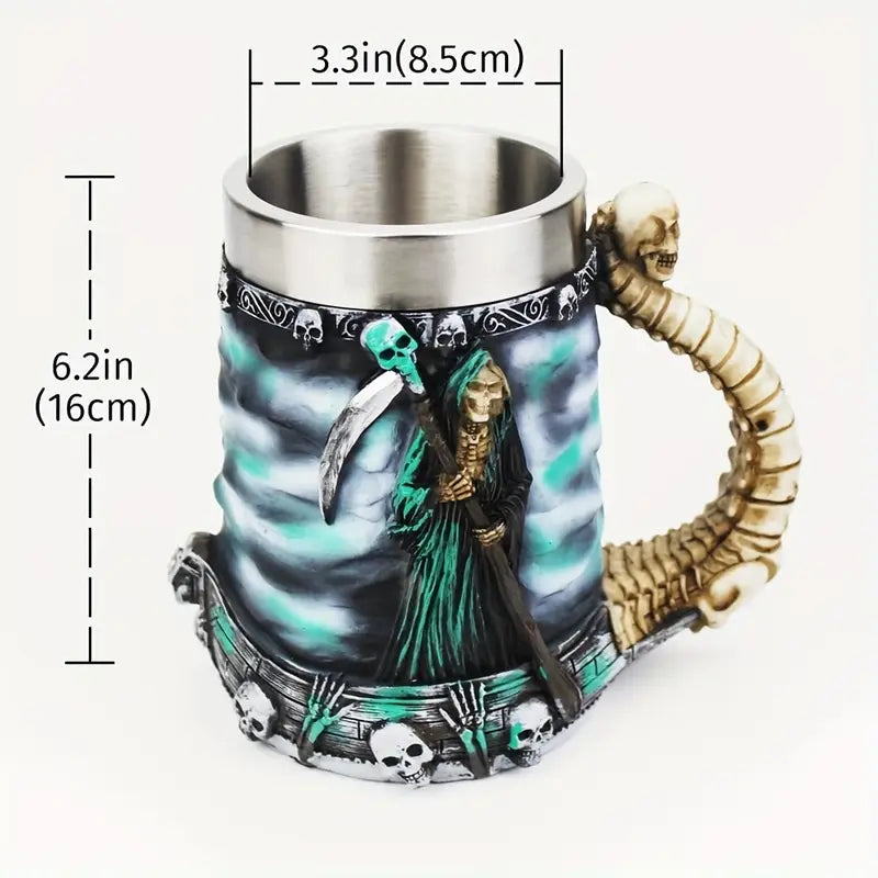 Grim Reaper Skull Mug, Gothic Resin Mug with Spine Handle and Stainless Steel Lining, 600 ml