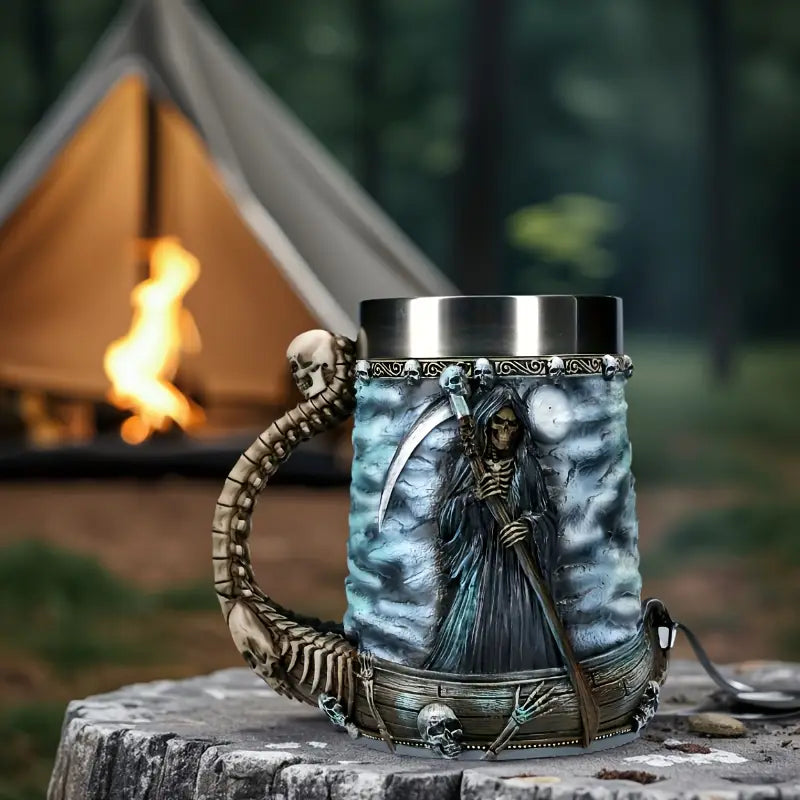 Grim Reaper Skull Mug, Gothic Resin Mug with Spine Handle and Stainless Steel Lining, 600 ml