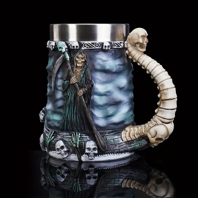 Grim Reaper Skull Mug, Gothic Resin Mug with Spine Handle and Stainless Steel Lining, 600 ml