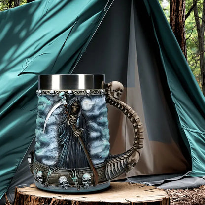 Grim Reaper Skull Mug, Gothic Resin Mug with Spine Handle and Stainless Steel Lining, 600 ml