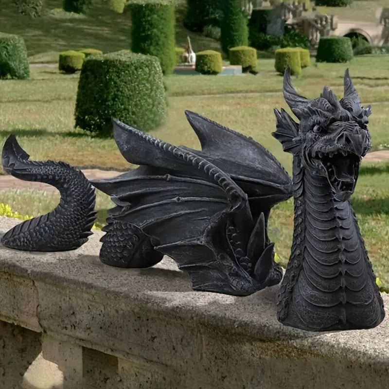 Emerging Dragon Garden Sculpture, Multi Piece Resin Dragon with Head, Wings and Tail, Stone Effect