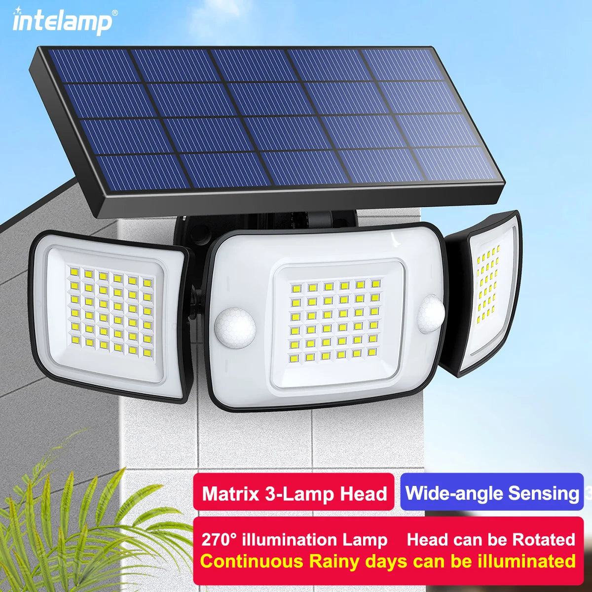 Solar Outdoor Security Light with Three Adjustable Heads and Motion Detection Sensor