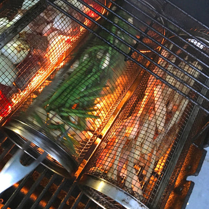 Rotating BBQ Grill Basket 360° Stainless Steel Barbecue Basket for Vegetables Meat Fish and Fruit