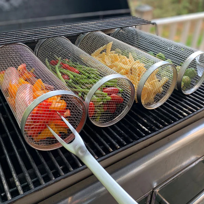 Rotating BBQ Grill Basket 360° Stainless Steel Barbecue Basket for Vegetables Meat Fish and Fruit