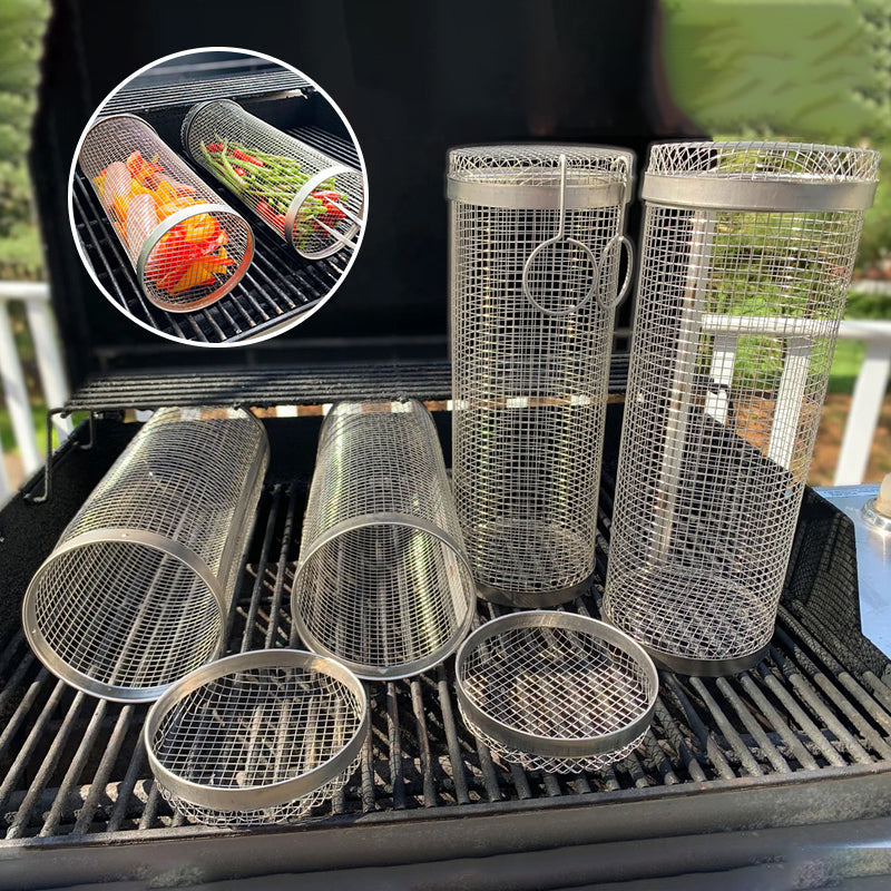 Rotating BBQ Grill Basket 360° Stainless Steel Barbecue Basket for Vegetables Meat Fish and Fruit