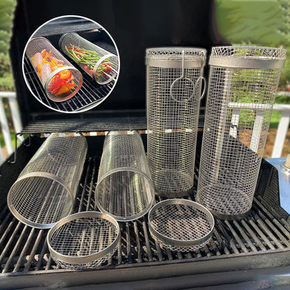 Rotating BBQ Grill Basket 360° Stainless Steel Barbecue Basket for Vegetables Meat Fish and Fruit