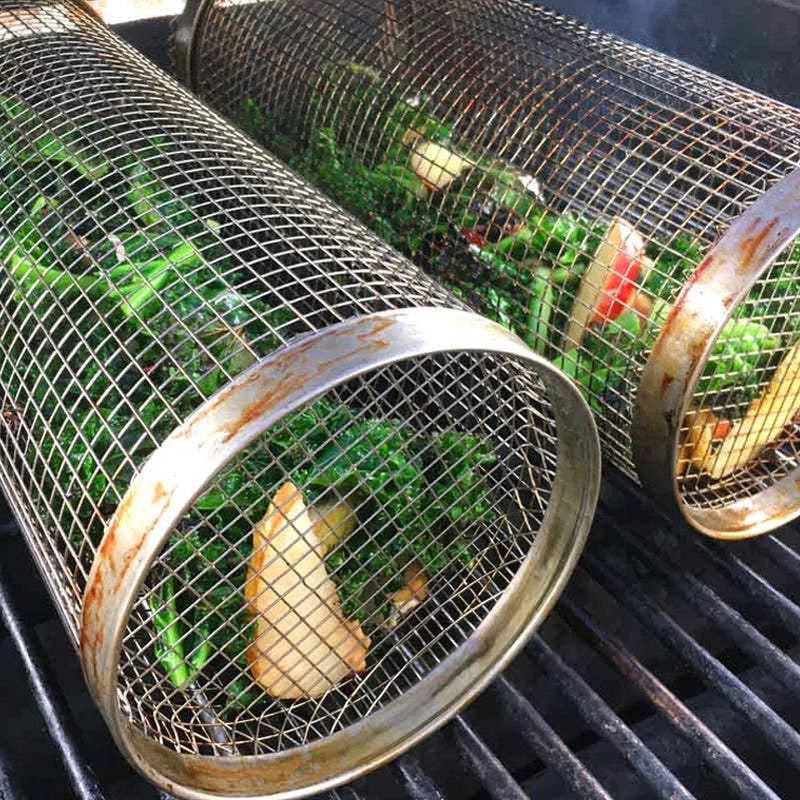 Rotating BBQ Grill Basket 360° Stainless Steel Barbecue Basket for Vegetables Meat Fish and Fruit