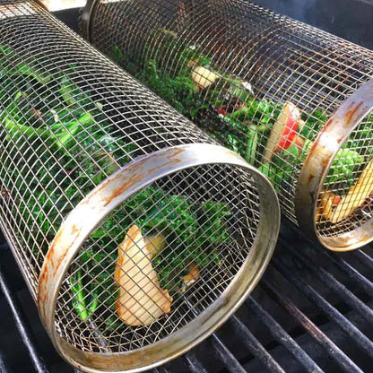 Rotating BBQ Grill Basket 360° Stainless Steel Barbecue Basket for Vegetables Meat Fish and Fruit