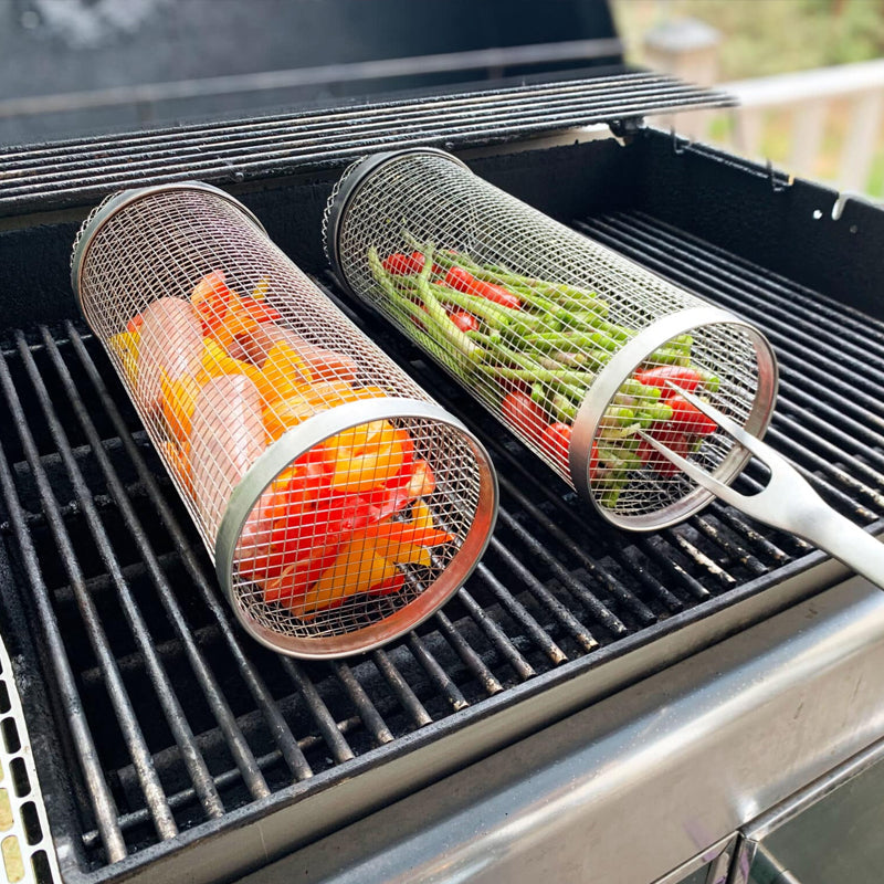 Rotating BBQ Grill Basket 360° Stainless Steel Barbecue Basket for Vegetables Meat Fish and Fruit