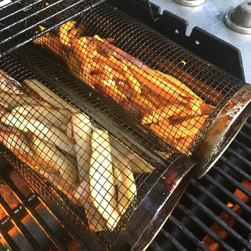 Rotating BBQ Grill Basket 360° Stainless Steel Barbecue Basket for Vegetables Meat Fish and Fruit