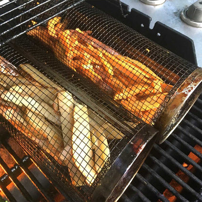 Rotating BBQ Grill Basket 360° Stainless Steel Barbecue Basket for Vegetables Meat Fish and Fruit