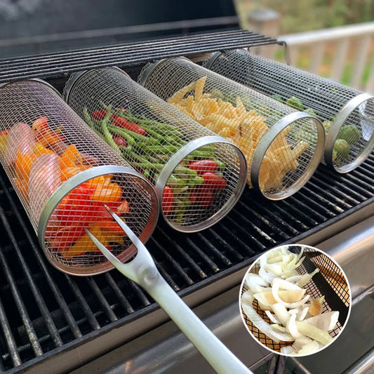 Rotating BBQ Grill Basket 360° Stainless Steel Barbecue Basket for Vegetables Meat Fish and Fruit