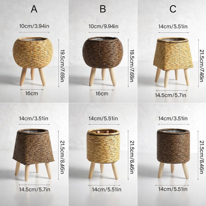 Woven Style Flower Pot with Wooden Feet for Indoor and Outdoor Plant Display Stand