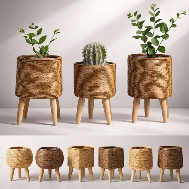 Woven Style Flower Pot with Wooden Feet for Indoor and Outdoor Plant Display Stand