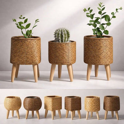 Woven Style Flower Pot with Wooden Feet for Indoor and Outdoor Plant Display Stand