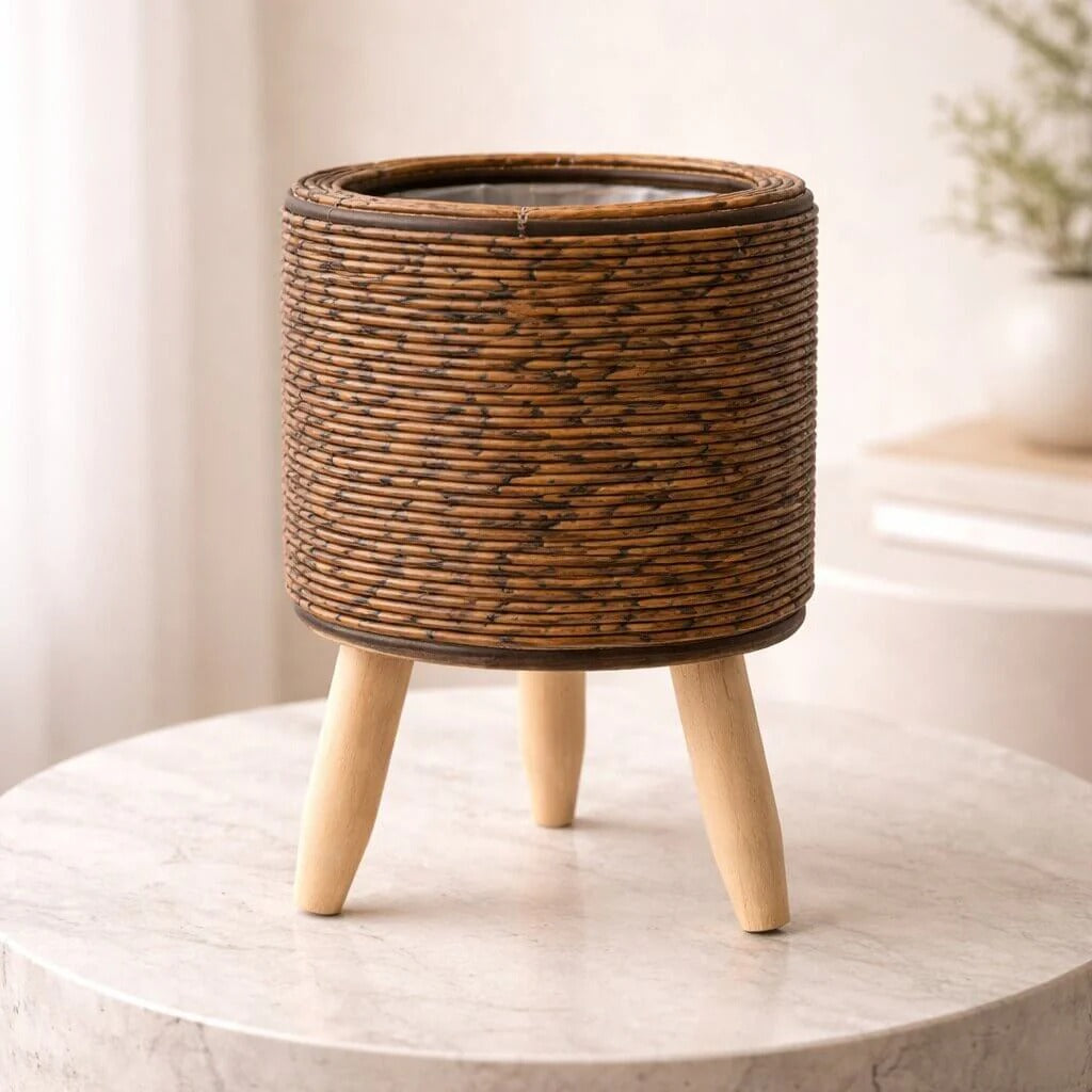 Woven Style Flower Pot with Wooden Feet for Indoor and Outdoor Plant Display Stand
