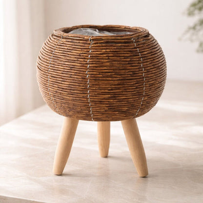 Woven Style Flower Pot with Wooden Feet for Indoor and Outdoor Plant Display Stand