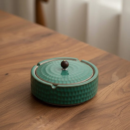 CalmNest Minimalist Ceramic Ashtray With Wooden Lid