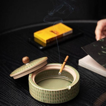 CalmNest Minimalist Ceramic Ashtray With Wooden Lid