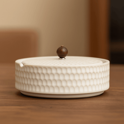 CalmNest Minimalist Ceramic Ashtray With Wooden Lid