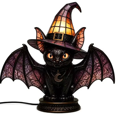 Stained Glass Witch Hat Lamp, Halloween Animal Accent Lamp with Resin Base in 7 Gothic Designs