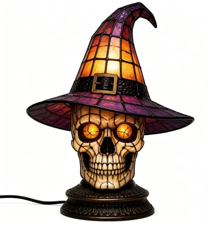 Owl Stained Glass Witch Hat Lamp, Gothic Halloween Accent Lamp with Resin Owl and Bronze Base
