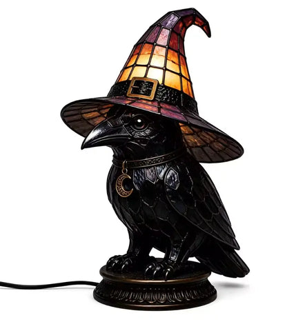 Bat Wing Black Cat Stained Glass Witch Hat Lamp, Gothic Halloween Accent Lamp with Bronze Base