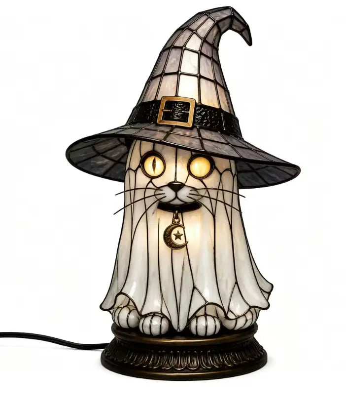 Bat Wing Black Cat Stained Glass Witch Hat Lamp, Gothic Halloween Accent Lamp with Bronze Base