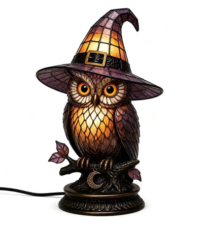 Stained Glass Witch Hat Lamp, Halloween Animal Accent Lamp with Resin Base in 7 Gothic Designs