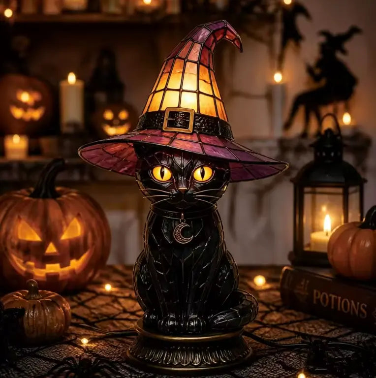 Stained Glass Witch Hat Lamp, Halloween Animal Accent Lamp with Resin Base in 7 Gothic Designs