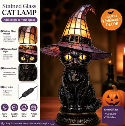 Stained Glass Witch Hat Lamp, Halloween Animal Accent Lamp with Resin Base in 7 Gothic Designs