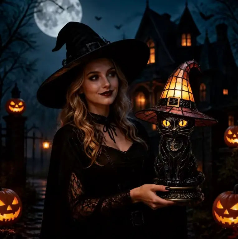 Stained Glass Witch Hat Lamp, Halloween Animal Accent Lamp with Resin Base in 7 Gothic Designs