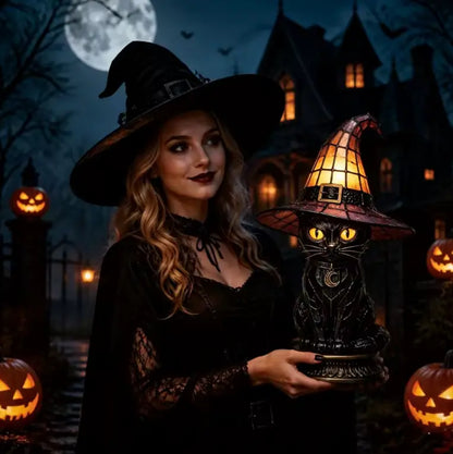 Stained Glass Witch Hat Lamp, Halloween Animal Accent Lamp with Resin Base in 7 Gothic Designs