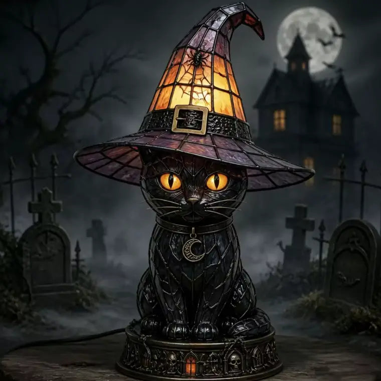Stained Glass Witch Hat Lamp, Halloween Animal Accent Lamp with Resin Base in 7 Gothic Designs