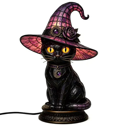 Owl Stained Glass Witch Hat Lamp, Gothic Halloween Accent Lamp with Resin Owl and Bronze Base