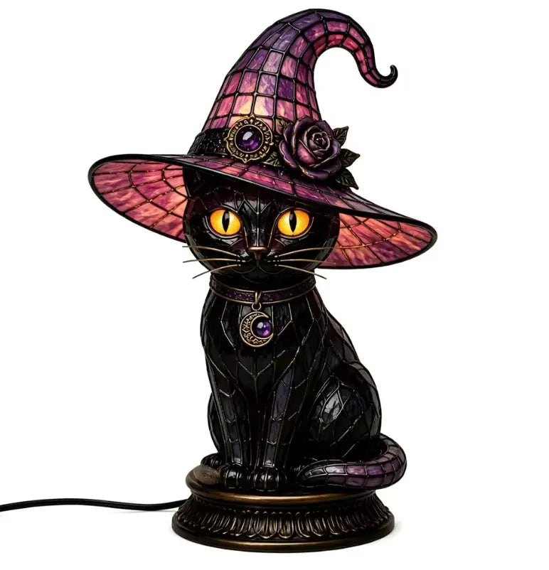 Bat Wing Black Cat Stained Glass Witch Hat Lamp, Gothic Halloween Accent Lamp with Bronze Base