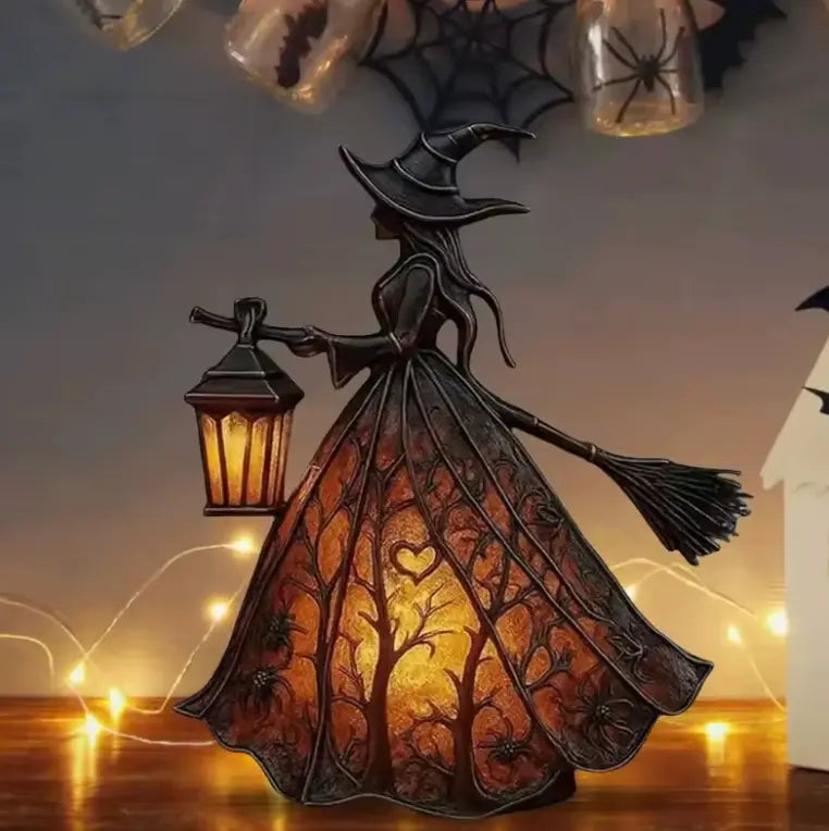 Glowing Witch Lantern Lamp, Battery LED Gothic Resin Witch Sculpture with Glowing Skirt and Broom