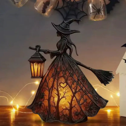Glowing Witch Lantern Lamp, Battery LED Gothic Resin Witch Sculpture with Glowing Skirt and Broom
