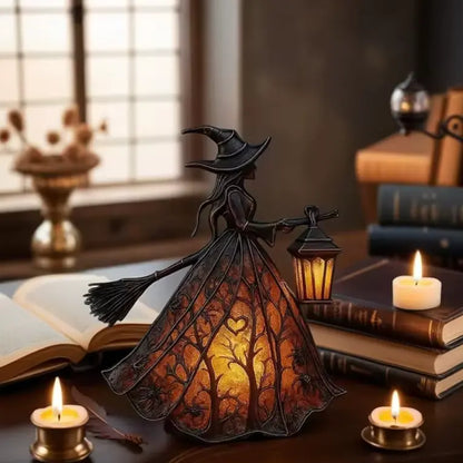 Glowing Witch Lantern Lamp, Battery LED Gothic Resin Witch Sculpture with Glowing Skirt and Broom