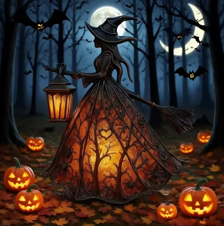 Glowing Witch Lantern Lamp, Battery LED Gothic Resin Witch Sculpture with Glowing Skirt and Broom