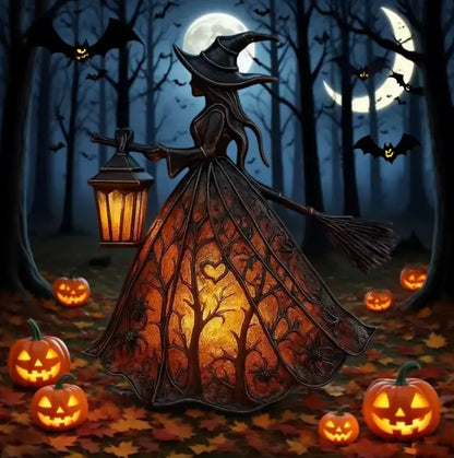 Glowing Witch Lantern Lamp, Battery LED Gothic Resin Witch Sculpture with Glowing Skirt and Broom