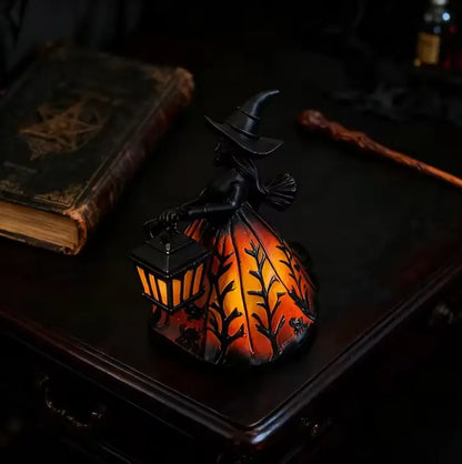 Glowing Witch Lantern Lamp, Battery LED Gothic Resin Witch Sculpture with Glowing Skirt and Broom